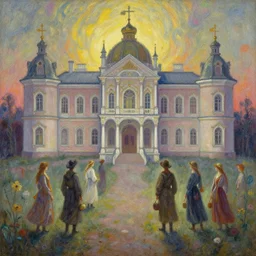 palace of the fair folk. gouache fairytale art, russian romanticism, muted palette, psychedelic art, backlighting