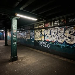 3 d octane render image of an dimly lit urban nyc subway station with graffiti, trending artstation, artgem, cgisociety