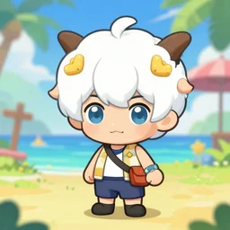 maple story anime chibi white hair boy in summer vacation holiday with maple story elements