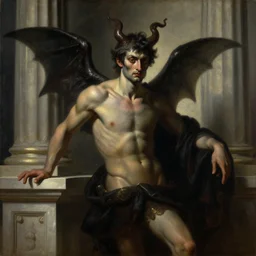 neoclassical portrait of a satan in his temple, by jacques - louis david, by greg rutkowski, by zdzisław beksinski, trending on artstation, featured on pixiv, masterpiece, oil on canvas, cinematic composition, beautiful lighting,