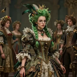 a portrait of a baroque steampunk gorgeous green haired queen of birds with a tattered dress, and glasses!!!!, with feather decoration cinematic lighting, photorealistic, octane render, 8 k, depth of field, 3 d, art by artgerm and greg rutkowski and alphonse mucha and uang guangjian and gil elvgren and sachin ten