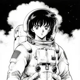 manga portrait of a woman wearing a astronaut suit, akira toriyama, lineart, black and white, scifi, big clouds visible in the background, stars in the sky, high contrast, deep black tones
