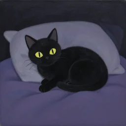 illustration of a black cat resting in a bed in the dark by shusei nagaoka kaws, david rudnick, airbrush on canvas, pastell colors, cell shaded