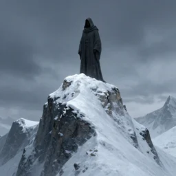 a highly detailed 4 k fantasy matte painting of cloaked figure at the top of a snowt mountain. pictured from below. zdzislaw beksinski, artstation, cgsociety, unreal engine