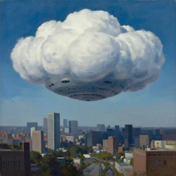 big alien spaceship shaped like cloud hanging above city by jeffrey smith, oil on canvas