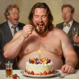 extremely!! fat!!!!!!!!! keanu reeves, celebrating, eating, extremely happy, birthday painting, elegant intricate digital painting artstation concept art by mark brooks and brad kunkle detailed
