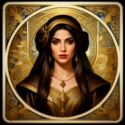 head-on symmetrical centered painted portrait, Ghada Abdel Razek as a D&D wizard, ornate robes, art nouveau, tarot card style, fantasy, intricate, elegant, highly detailed, smooth, sharp focus, illustration, artstation, in the style of Artgerm and Anna Podedworna and Alex Ross and Mucha