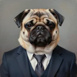 oil painting, a developer pug in a suit, intricate, masterpiece, artstation, stunning, closed eyes