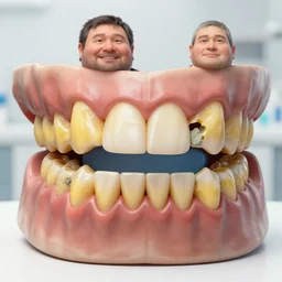 portrait of a dentist with large, giant teeth, rotten teeth, yellow, broken, cavities, moldy by Mark Brooks and guy denning