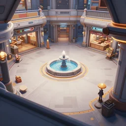 over the shoulder view of a open plaza area on a spaceship with a small fountain in the middle and stores around the outside, from a space themed lucasarts point and click 2 d graphic adventure game, art inspired by thomas kinkade