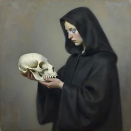 a which with icy eyes, stares at a cat skull in her hands. she wear a long dark robe. painted by enki bilal and tony sandoval and oliver ledroit. oil painting.