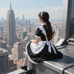 Lady maid dress with long hair, she is sitting on the roof of a skyscraper and looking at the horizon of a large city, sci-fi, highly detailed, digital painting, artstation, concept art, smooth, sharp focus, illustration, art by artgerm and greg rutkowski and alphonse mucha