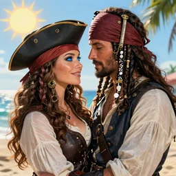 couple in love. fully clothed armed female pirate captain with a male pirate partner, sun, summer, blue eyes, beauty, wisdom, love, strength, knowledge, smart, portrait, symmetrical, highly detailed, digital painting, artstation, smooth, sharp focus, illustration, strength, art by renoir and louis theophile hingre. 8 k