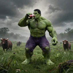 hulk hogan drinking irn - bru in the stranger things upside down world, realistic, photography, award winning, 8 k, wide shot, still frame from the princess mononoke film, overgrown grass, dramatic, animals, gloomy, volumetric light, ground mist, cinematic, filmic,