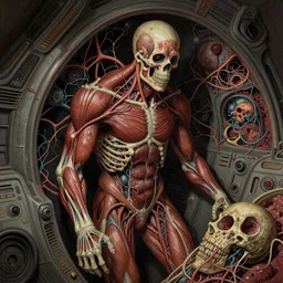 A detailed digital painting of a cancerous spaceship interior made anatomical parts, veins, muscles, realistic, living tissue, bones, tendons, intricate, hyper detailed, retro dark vintage sci-fi, 2D matte dark gouache illustration, Mike Mignola