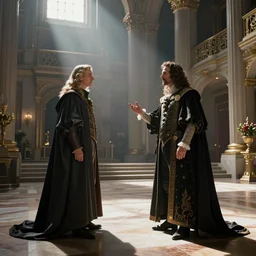 The Duke of Mars receives the Marquis of Io in his palace, photorealistic, sci-fi