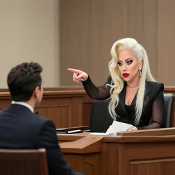 courtroom sketch of lady gaga in the witness stand pointing at the hamburgler who is sitting at the defendant ’ s table