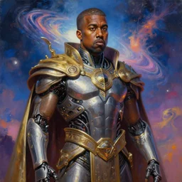 A cyborg Kanye West as the ultimate tyrant emperor of the universe. Realistic sci-fi concept. Trending on ArtStation. A vibrant digital oil painting. A highly detailed fantasy character illustration by Wayne Reynolds and Charles Monet and Gustave Dore and Carl Critchlow and Bram Sels