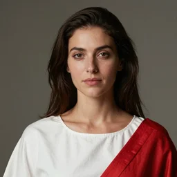 portrait of a woman wearing white and red, by donato giancola
