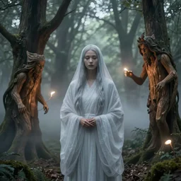 a portrait of the ghost lady with a wood spirit in the trees with misty will o the wisp, photorealistic, by! dream a portrait of the ghost lady with a wood spirit in the trees with misty will o the wisp, photorealistic, by jessica rossier, wlop, 4 k resolution h 7 6 8
