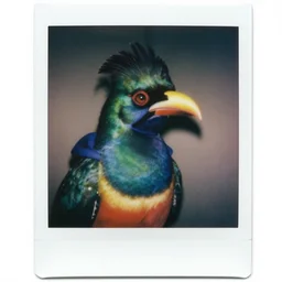 close-up shot of a quetzal wearing hoodie in 80s, funny, Polaroid photo, by Warhol