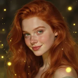 a highly detailed, hyper realistic, red haired young woman, among golden fireflies, with long hair, green eyes, hint of freckles, gentle face, tilted head, cheeky smile, deep focus, elegant, digital painting, smooth, sharp focus, golden ratio, illustration, ultra realistic, 8 k, art by artgerm and caravaggio