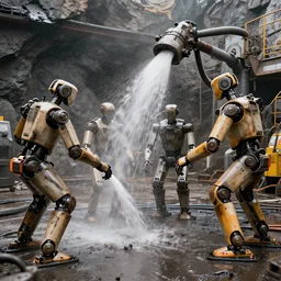 multiple humanoid robots covered with soot being hosed down by a robot after a day of working in the mines