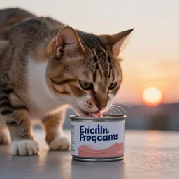 a cat eating a whip cream canister with a beautiful sunset in the background