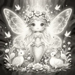 magical illustration of ethereal fantasy creature, beautiful fairie, mermaid, female portrait with flowers, whimsical big - eyed character accompanied by animals and birds, light greyscale, line art, symmetrical