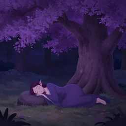 woman elf sleeping under a big purple tree at night