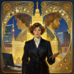 symmetry!! portrait of office worker in moscow city, glowing lights!! intricate, elegant, highly detailed, digital painting, smooth, sharp focus, illustration, art by artgerm and greg rutkowski and alphonse mucha