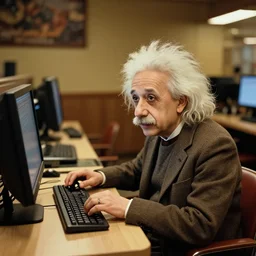 vintage photo of albert einstein playing league of legends at an internet cafe, circa 1 6 0 0, award - winning shot