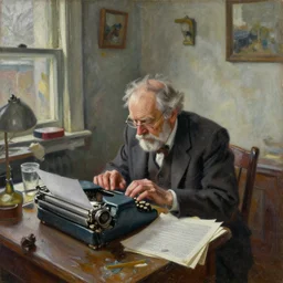 a disheveled old disbarred lawyer in the 1 9 8 0 s boarded up in his messy rundown long island house, isolated alone on a typewriter feverishly typing out paranoid lunatic rants, detailed artstation marc simonetti ilya nazarov oil on canvas shimmer