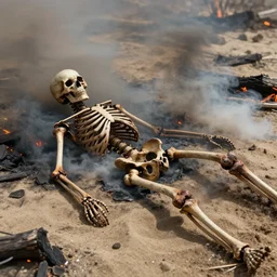 burned and smokdering android skeleton lying on sand, embers and smoke, aftermath of fire, synthetic human without skin, accurate human skeletal anatomy, rib cage, skull, westworld, highly detailed, atmosphere, dramatic light, epic composition, wide angle, by moebius, katsuhiro otomo, tsutomu nihei, laurie greasley