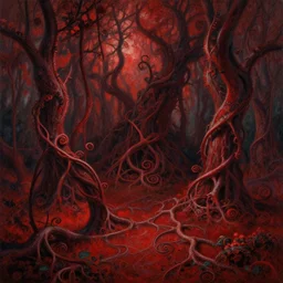 stunning landscape of threatening horror vines, red vegetation, spiral plant veins, intricate details, digital art by rob gonsalves, oil on canvas by ivan shishkin