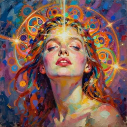 impasto realist pop - art oil painting portrait of a young woman, ecstacy, illumination, fibonacci fractals, vibrant colours, no frame