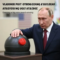 “ photo vladimir putin ordering a nuclear attack using nuclear football pressing w big red button, hyperrealistic, award winning ”