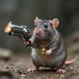 portrait of small bipedal rat!!!!!! wielding shooting sci - fi fantasy alien gun, cinematic, portrait, shot on 7 0 mm, macro, [ wearing a golden necklace ], from the new sci - fi adventure movie, 8 k, f 1. 8 1 0 : 1 6 aspect ratio