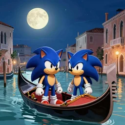 Sonic the Hedgehog and Shadow the Hedgehog in a gondola in Venice, moonlit night sky, artstation, romantic, award winning