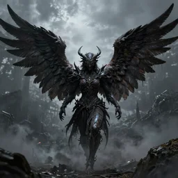 a dark angel with six wings, ominous