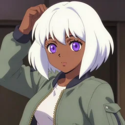anime poster film still portrait, black young woman, large, purple eyes!!!, white french bob, bomber jacket, detailed facial features, dynamic pose, cute face by ilya kuvshinov, yoh yoshinari, makoto shinkai, rimlight, cel shaded, 4 k