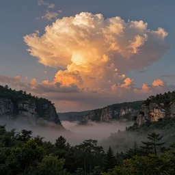 luminous strato cumulonimbus clouds approach over background clifs towards a massive misty forest at sunset, very detailed, in the style of ernst haeckel paul lehr and john atkinson grimshaw