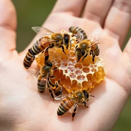 honey comb in palm hand skin, hyper detailed, bees