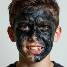 incredibly detailed portrait of a teenager, half of the face in the form of a black monster, realistic fangs instead of teeth