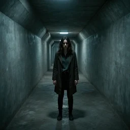 woman explores sterile tunnels, fear and dark misery, future, cinematic