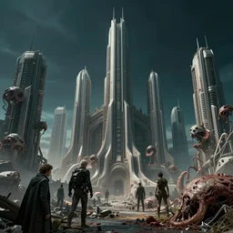 dystopian gigantic metropolis with sharp and elegant buildings, star wars concept, flesh + technology, rotten textures, decrepit shapes, biotechnology, norman rockwell, tim hildebrandt, dariusz zawadzki, bruce pennington, larry elmore, hyperrealistic dark cyan night sky, cinematic lighting, oppressive atmosphere, deep depth field, masterpiece, cinematic composition, hyper detailed, hd,