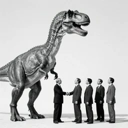 tall t rex with long arms, shaking hands. Business men. anamorphic, strange, black and white, photograph, 1850s