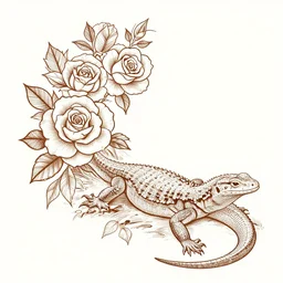 detailed etching line art stencil, flowers and roses, side view of monitor lizard, tattoo digital design