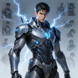 portrait of handsome guy in cyber armor, many lightning, cold color, highly detailed, digital painting, artstation, concept art, cyberpunk wearing, smooth, sharp focus, led, artstation character reference sheet.