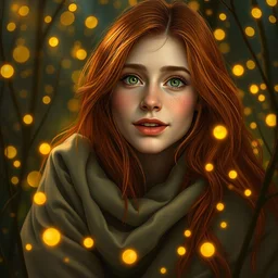 an amazed young woman surrounded by golden firefly lights in a mesmerizing scene, sitting amidst nature fully covered, long loose red hair, precise linework, accurate green eyes, small nose with freckles, smooth oval shape face, empathic, bright smile, expressive emotions, hyper realistic ultrafine portrait by artemisia gentileschi, jessica rossier, artgerm